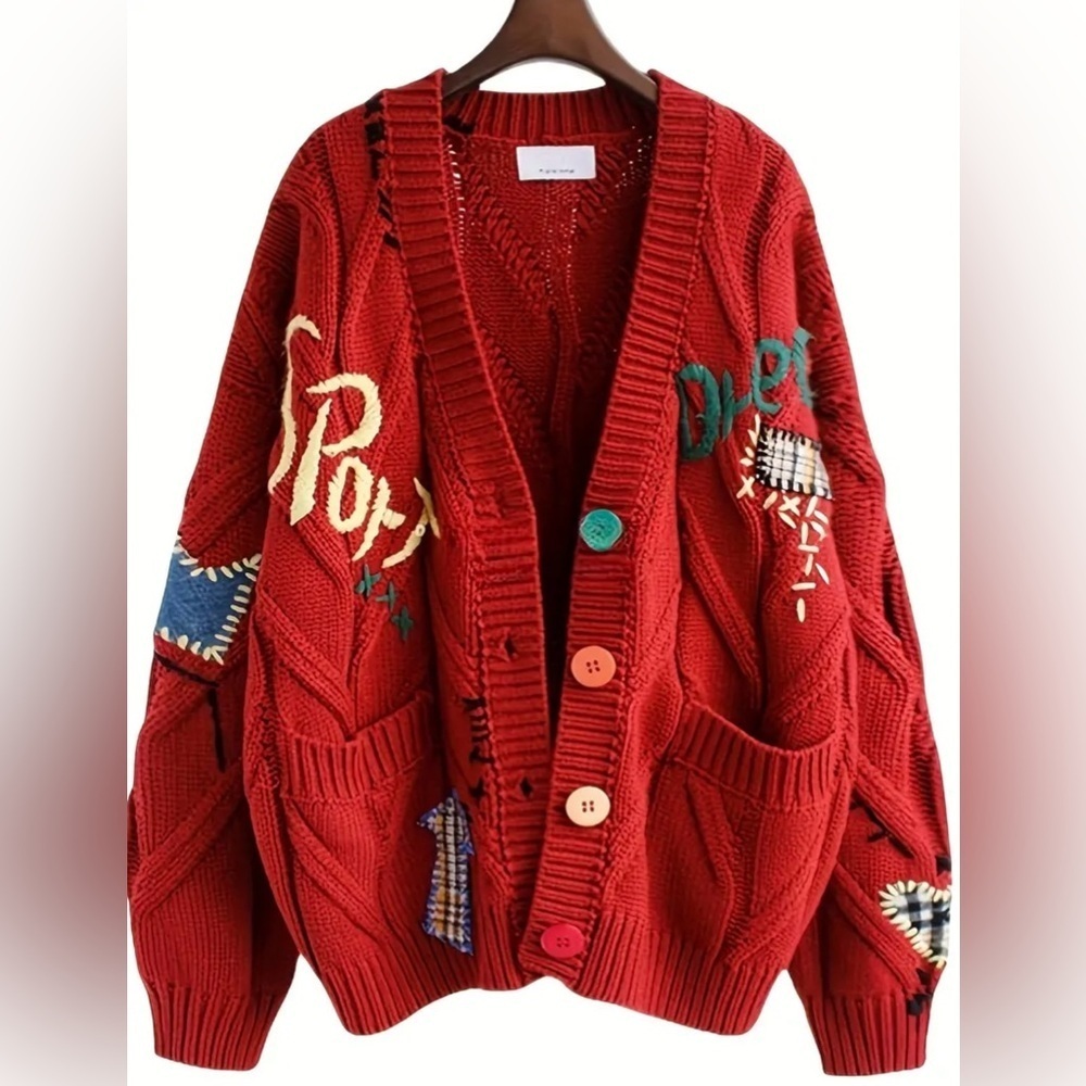 Red Patchwork Cardigan Sweater